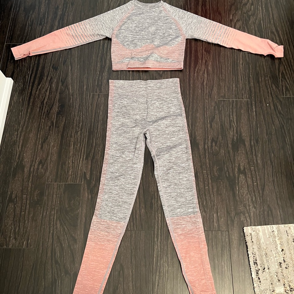 Gray and Pink Long Sleeve Crop Top and Leggings Set